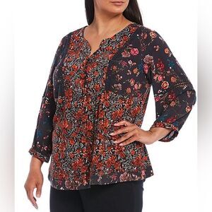 Intro.- Women’s Floral Mixed Print Boho Prairie Peasant Blouse Crochet Trim, 1X